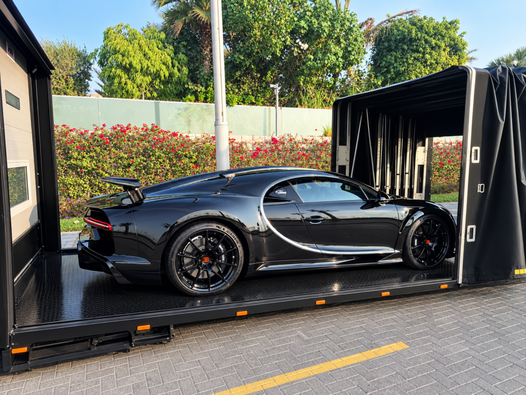 Black Bugatti Chiron in a box recovery truck - Box Recovery Dubai