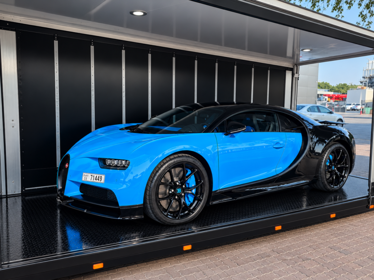 Blue Bugatti in a box recovery in Dubai